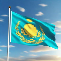 A high-quality 3D render of the national flag of Kazakhstan waving in the wind