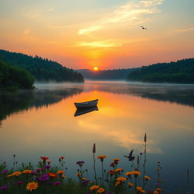 A serene landscape of a tranquil lake reflecting the sky at sunset, surrounded by lush green forests and vibrant wildflowers in the foreground