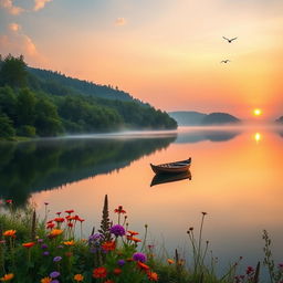 A serene landscape of a tranquil lake reflecting the sky at sunset, surrounded by lush green forests and vibrant wildflowers in the foreground