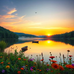 A serene landscape of a tranquil lake reflecting the sky at sunset, surrounded by lush green forests and vibrant wildflowers in the foreground