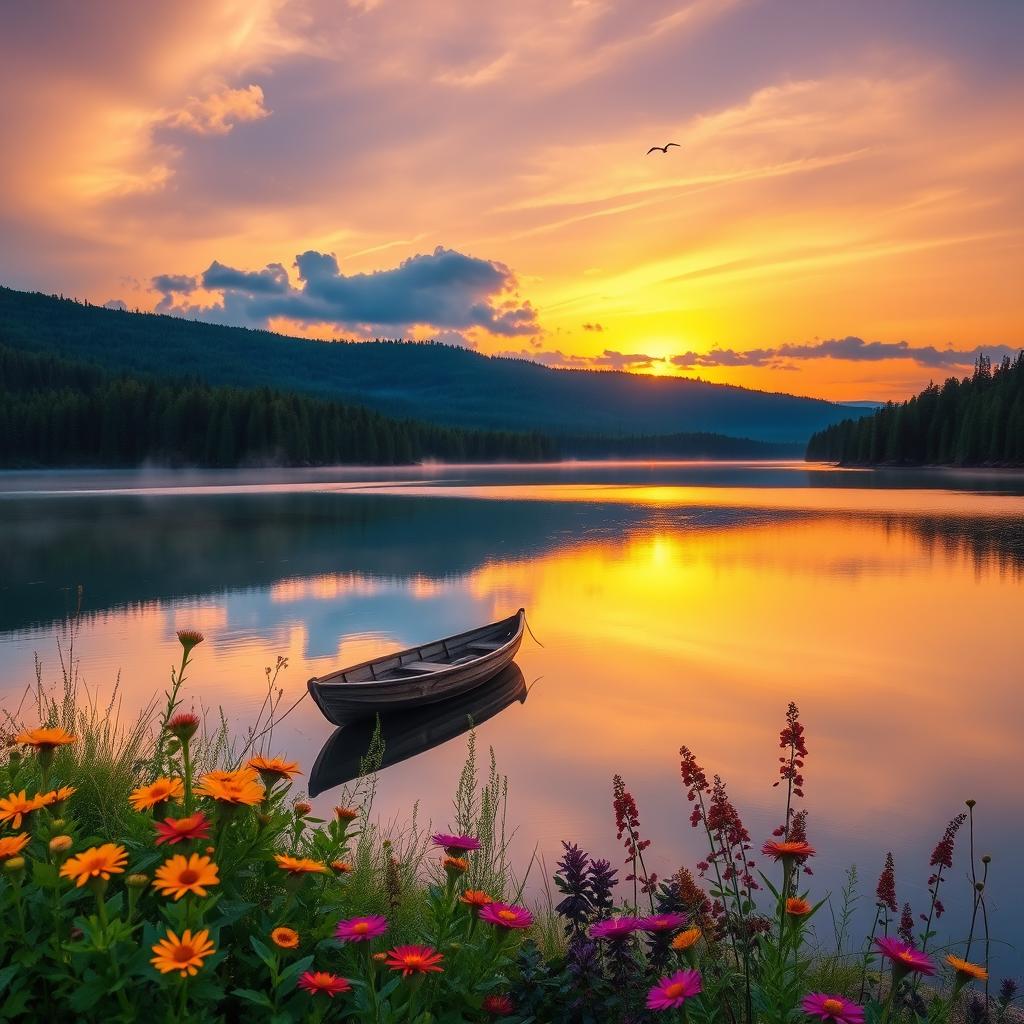 A serene landscape of a tranquil lake reflecting the sky at sunset, surrounded by lush green forests and vibrant wildflowers in the foreground