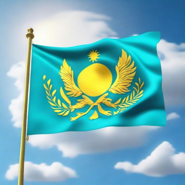 A high-quality 3D render of the national flag of Kazakhstan waving in the wind