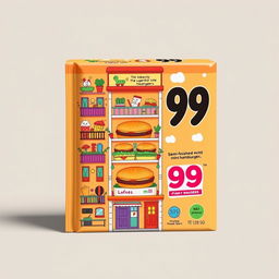 A creative package design for a 6-pack of semi-finished mini hamburgers, featuring a vibrant illustration of a 6-story apartment building as the structure of the packaging