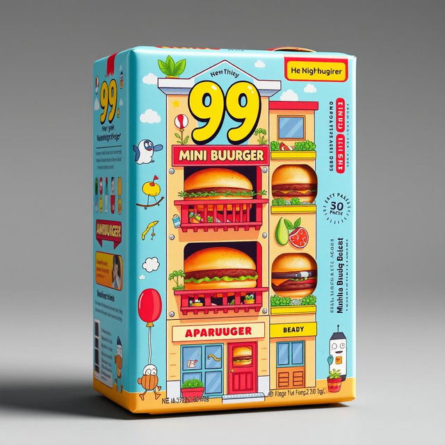A creative package design for a 6-pack of semi-finished mini hamburgers, featuring a vibrant illustration of a 6-story apartment building as the structure of the packaging