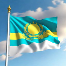 A high-quality 3D render of the national flag of Kazakhstan waving in the wind