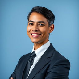 A professional portrait of an adult business person dressed in elegant business attire, showcasing confidence and professionalism