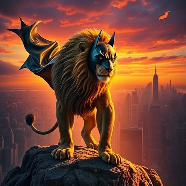 A powerful lion wearing a Batman mask, standing majestically on a rocky cliff at sunset, with dramatic lighting highlighting its fierce expression