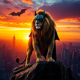 A powerful lion wearing a Batman mask, standing majestically on a rocky cliff at sunset, with dramatic lighting highlighting its fierce expression
