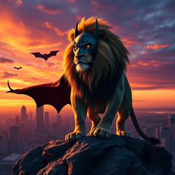 A powerful lion wearing a Batman mask, standing majestically on a rocky cliff at sunset, with dramatic lighting highlighting its fierce expression