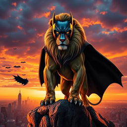 A powerful lion wearing a Batman mask, standing majestically on a rocky cliff at sunset, with dramatic lighting highlighting its fierce expression