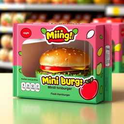 A creative package design for a mini hamburger that is appealing and ready for retail display