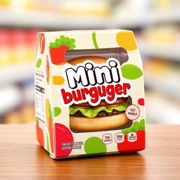 A creative package design for a mini hamburger that is appealing and ready for retail display