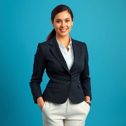 A professional individual dressed in smart business attire suitable for a LinkedIn profile, standing confidently