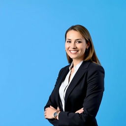 A professional individual dressed in smart business attire suitable for a LinkedIn profile, standing confidently