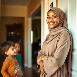 A Muslim woman with a bright, radiant face, dressed in modest yet beautiful attire stands firmly by a door, exuding strength and grace