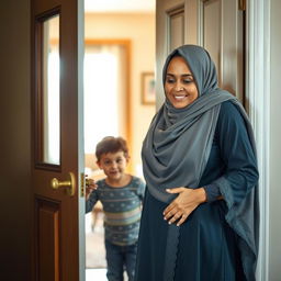 A Muslim woman with a bright, radiant face, dressed in modest yet beautiful attire stands firmly by a door, exuding strength and grace