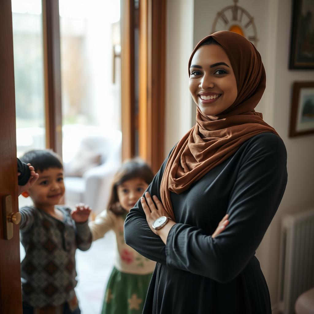 A Muslim woman with a bright, radiant face, dressed in modest yet beautiful attire stands firmly by a door, exuding strength and grace