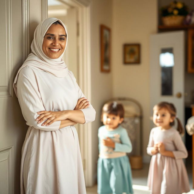 A Muslim woman with a bright, radiant face, dressed in modest yet beautiful attire stands firmly by a door, exuding strength and grace