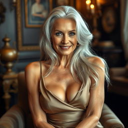 A beautiful and alluring 70-year-old woman exuding confidence and charm, dressed in elegant yet slightly revealing attire that highlights her figure
