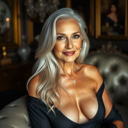 A beautiful and alluring 70-year-old woman exuding confidence and charm, dressed in elegant yet slightly revealing attire that highlights her figure