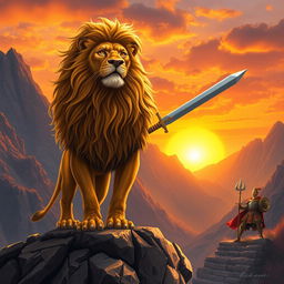 A majestic lion standing proudly on a rocky ledge, with its golden mane flowing in the wind, symbolizing strength and bravery