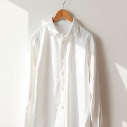 A crisp, clean white shirt hanging on a wooden hanger against a minimalist background