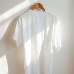 A crisp, clean white shirt hanging on a wooden hanger against a minimalist background