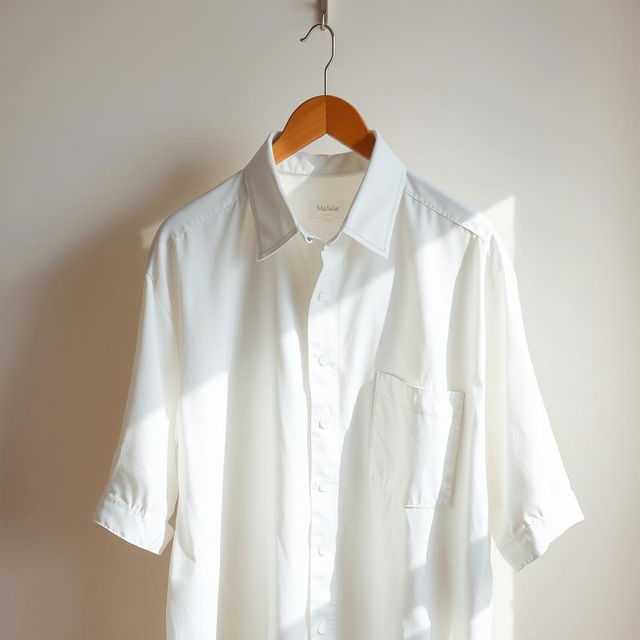 A crisp, clean white shirt hanging on a wooden hanger against a minimalist background