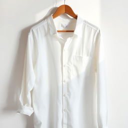 A crisp, clean white shirt hanging on a wooden hanger against a minimalist background