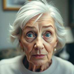 A stunning 70-year-old woman with light-colored eyes, displaying a subtle, surprised expression