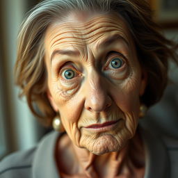 A stunning 70-year-old woman with light-colored eyes, displaying a subtle, surprised expression