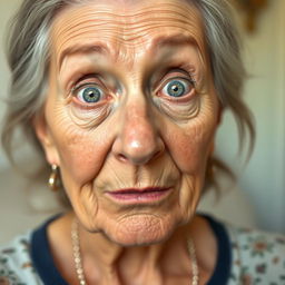 A stunning 70-year-old woman with light-colored eyes, displaying a subtle, surprised expression