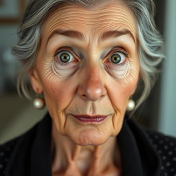 A stunning 70-year-old woman with light-colored eyes, displaying a subtle, surprised expression
