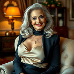 A stunning 70-year-old woman with an air of elegance and allure, dressed in fashionable attire that accentuates her curves while tastefully concealing her figure