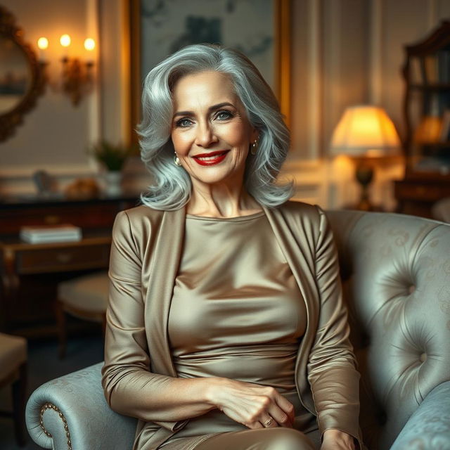 A stunning 70-year-old woman with an air of elegance and allure, dressed in fashionable attire that accentuates her curves while tastefully concealing her figure