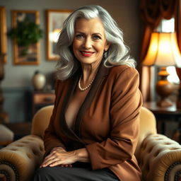 A stunning 70-year-old woman with an air of elegance and allure, dressed in fashionable attire that accentuates her curves while tastefully concealing her figure