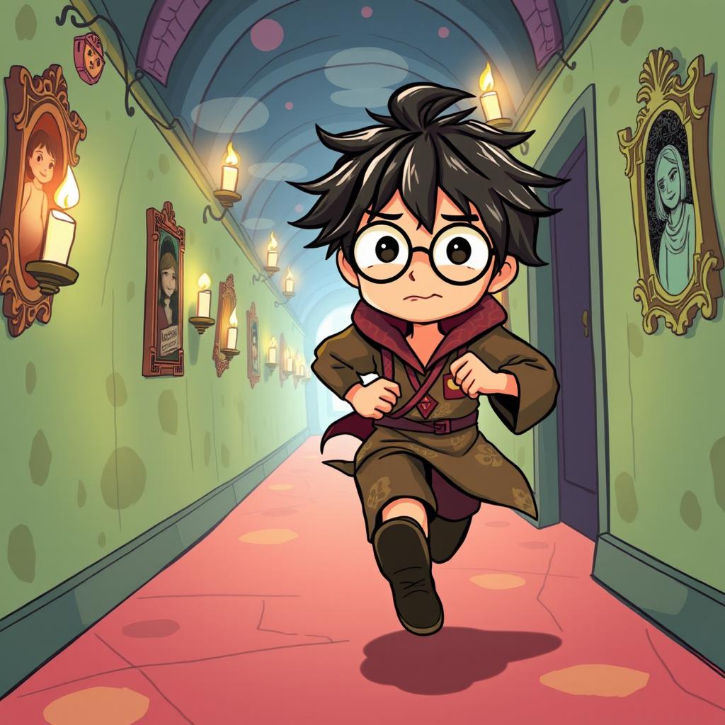 An illustrated character inspired by Harry Potter, depicted running down a magical hallway filled with colorful and whimsical designs