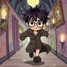 An illustrated character inspired by Harry Potter, depicted running down a magical hallway filled with colorful and whimsical designs