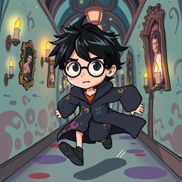 An illustrated character inspired by Harry Potter, depicted running down a magical hallway filled with colorful and whimsical designs
