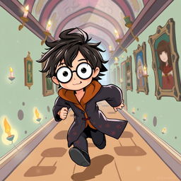 An illustrated character inspired by Harry Potter, depicted running down a magical hallway filled with colorful and whimsical designs