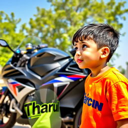 A young boy gazing at a sleek BMW S1000RR motorcycle, displaying a look of awe and excitement