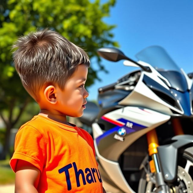 A young boy gazing at a sleek BMW S1000RR motorcycle, displaying a look of awe and excitement