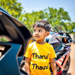 A young boy gazing at a sleek BMW S1000RR motorcycle, displaying a look of awe and excitement