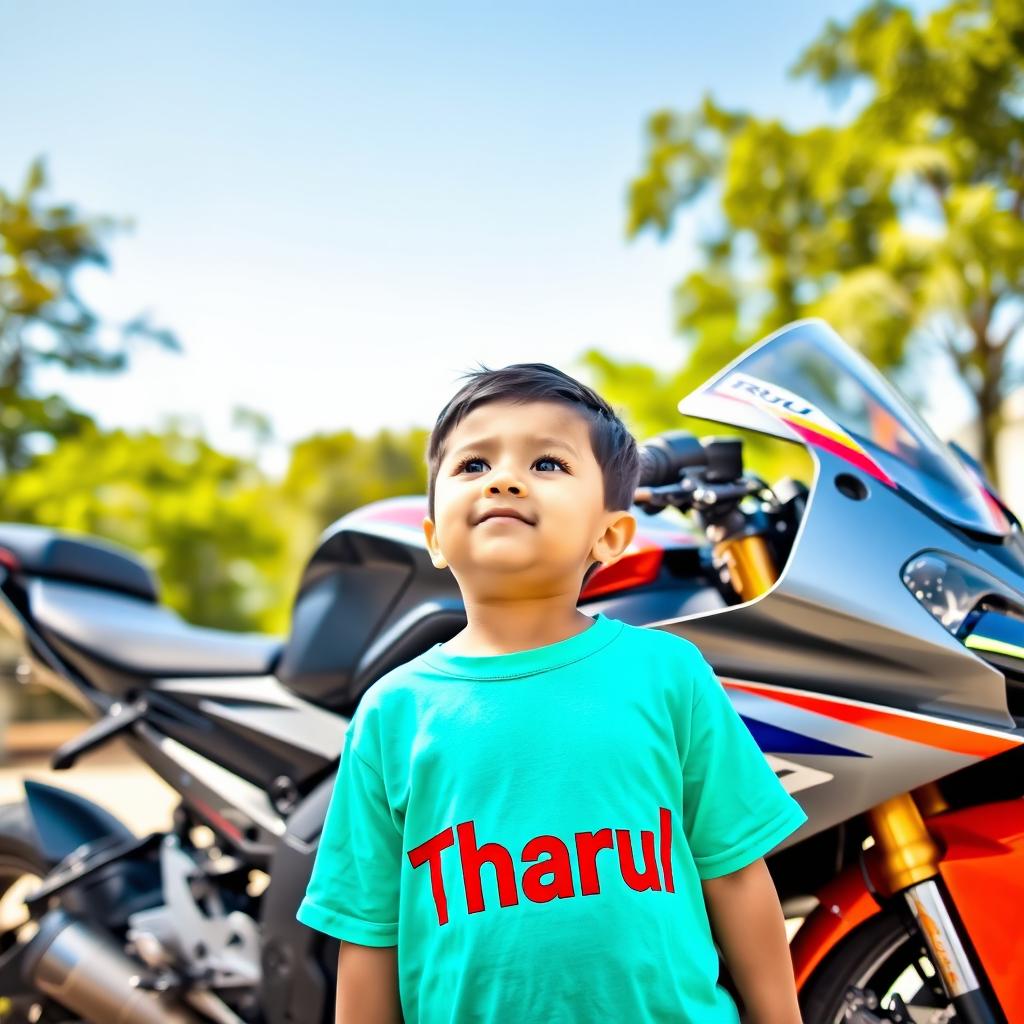 A young boy gazing at a sleek BMW S1000RR motorcycle, displaying a look of awe and excitement