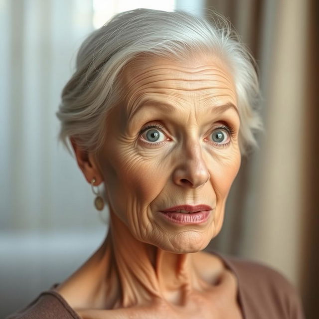 A very beautiful 65-year-old woman with clear eyes, displaying a subtle, surprised expression without exaggeration