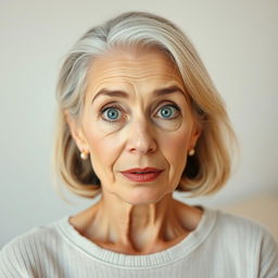 A very beautiful 65-year-old woman with clear eyes, displaying a subtle, surprised expression without exaggeration