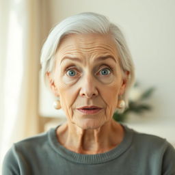 A very beautiful 65-year-old woman with clear eyes, displaying a subtle, surprised expression without exaggeration