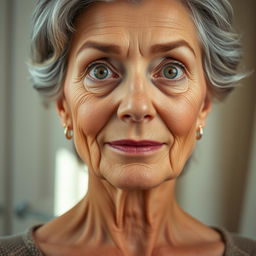 A very beautiful 65-year-old woman with clear eyes, displaying a subtle, surprised expression without exaggeration