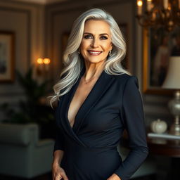 A stunning 70-year-old woman standing confidently, exuding elegance and allure without revealing too much
