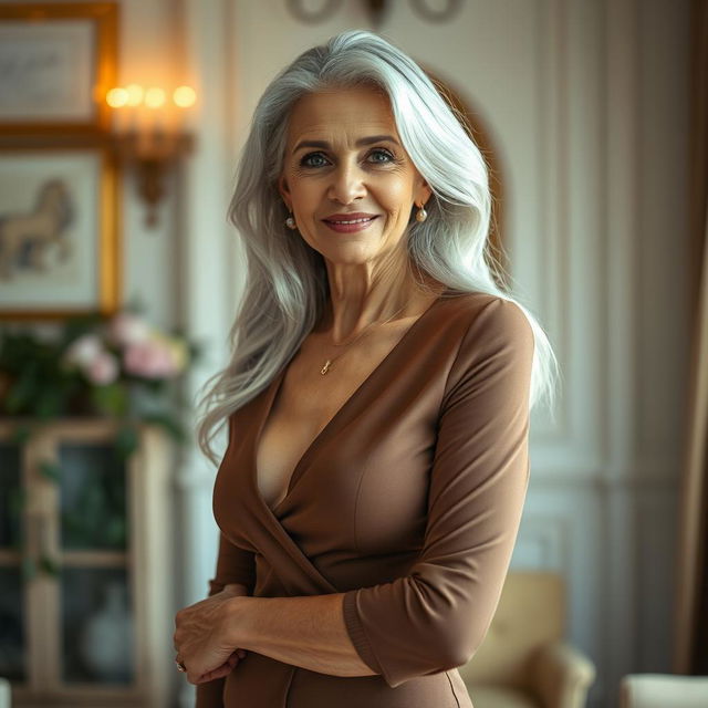 A stunning 70-year-old woman standing confidently, exuding elegance and allure without revealing too much